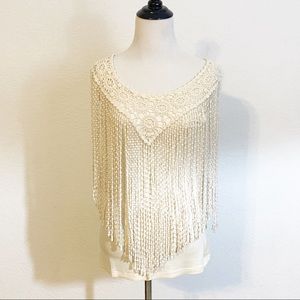 V Cristina Top S Cream Fringe Crochet Tank